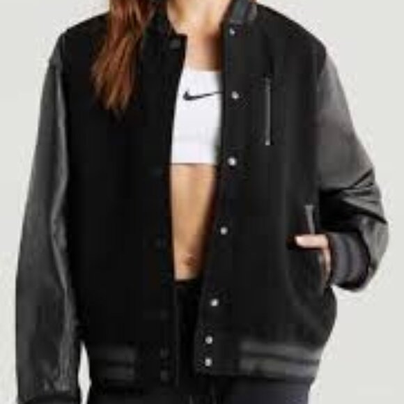 NIKE Sportswear Destroyer Leather & Wool Blend Varisty Bomber Jacket Size S NWT - Picture 3 of 16